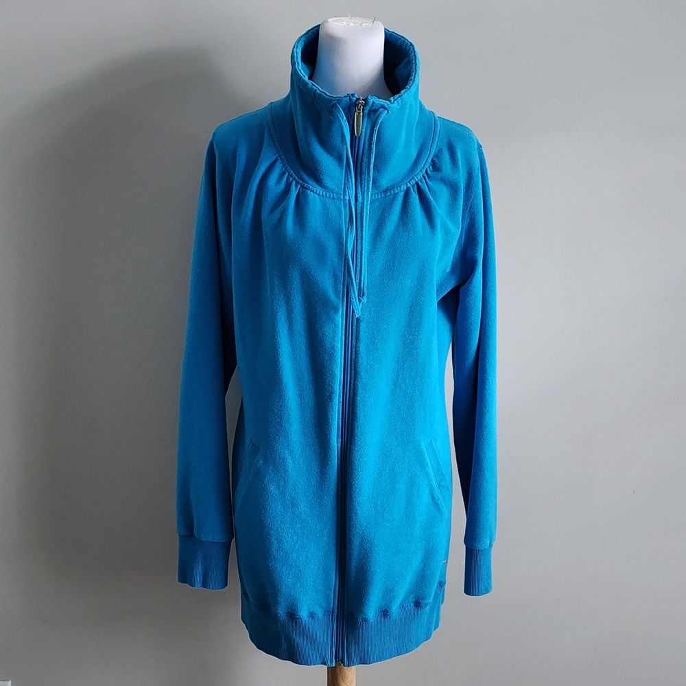 One Tooth Full Zip Hoodie Womens XL Blue Funnel Neck Thumbholes Yoga Jacket